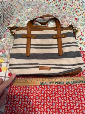 Fossil Beige Canvas Tote with Navy Stripes and Tan Leather Trim